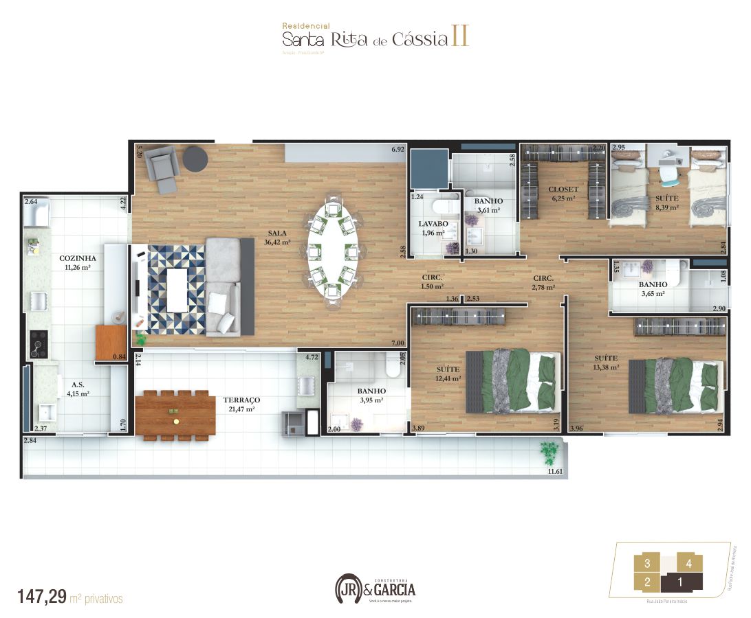 Apartamento Final 1 - 147,29 m² - Residencial Santa Rita de Cássia II - Praia Grande SP