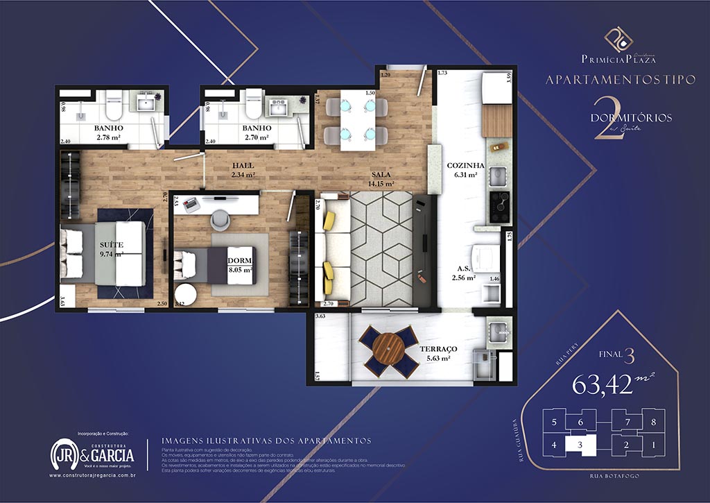 Apartamento 13-193 - 63,00 m² - Residencial Primícia Plaza - Guilhermina - Construtora JR e Garcia - Praia Grande SP