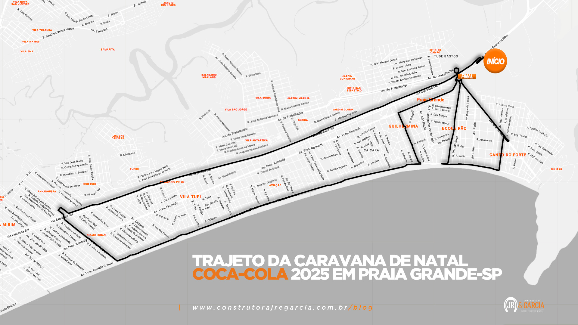 Mapa do trajeto da Caravana de Natal Coca-Cola 2025 em Praia Grande, destacando vias principais e pontos de referência Mapa do trajeto da Caravana de Natal Coca-Cola 2025 em Praia Grande, destacando vias principais e pontos de referência